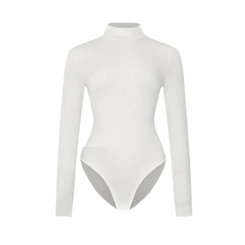 White Women's Solid Long Sleeve Yoga Bodysuit – Form-Fitting Activewear