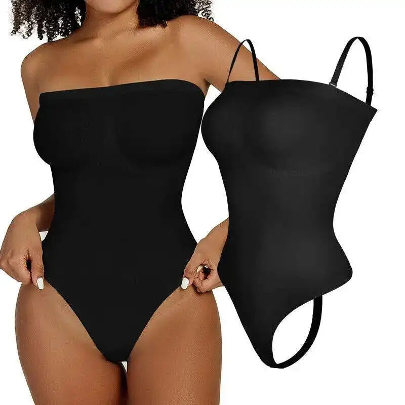 Black Strapless Thong Bodysuit – Bustier Tube Top, Seamless Tummy Control Shaper