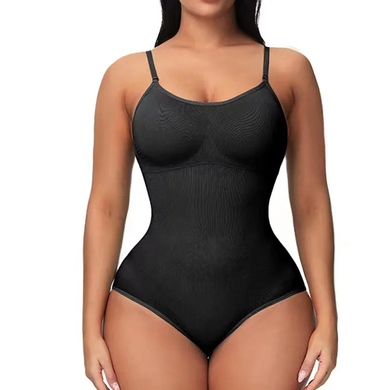 Black Brief V-Neck Spaghetti Strap Bodysuit – Slimming Open-Crotch Shapewear for Women