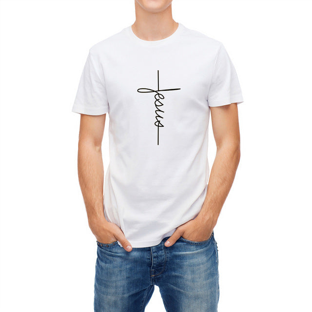 White Men’s Short Sleeve T-Shirt with Jesus Christ Cross Print – Christian Faith Apparel