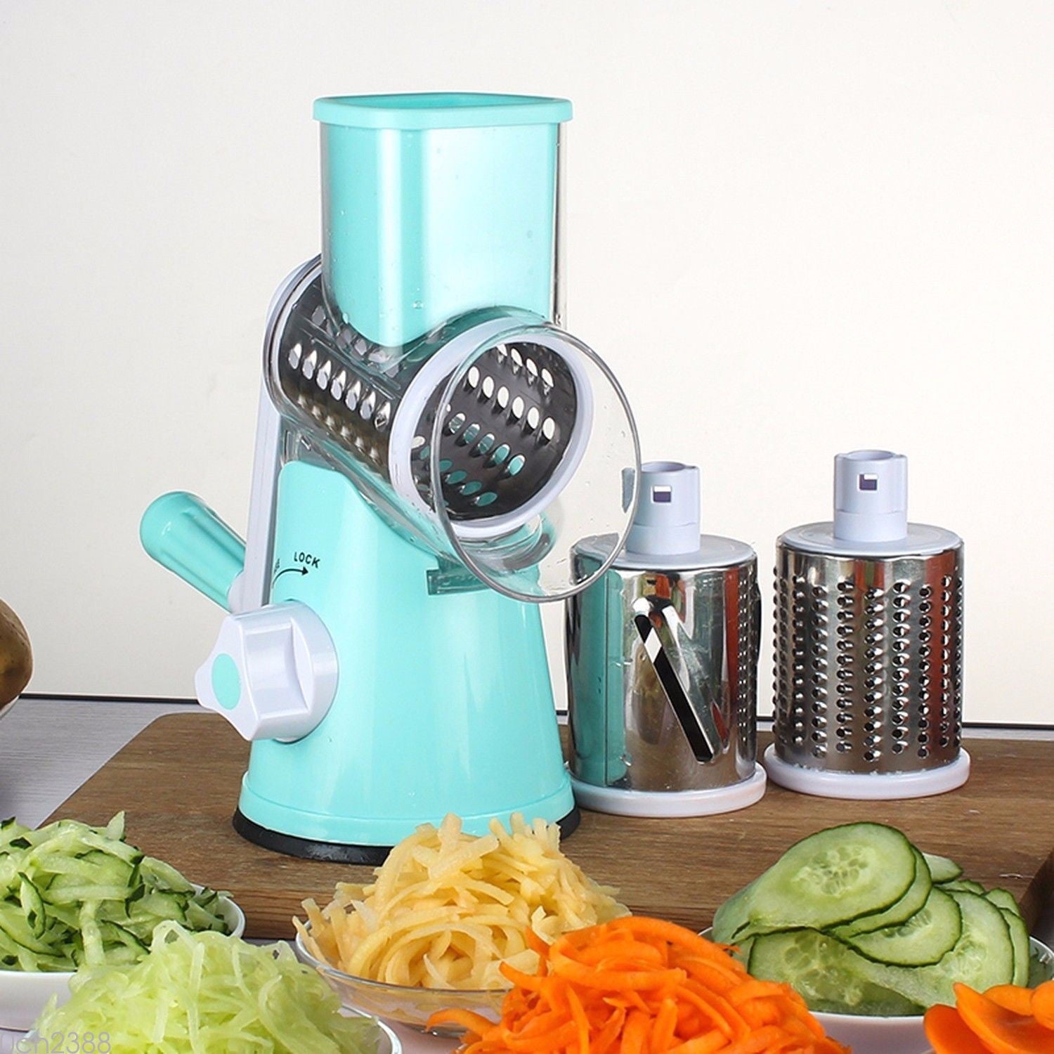 Blue green Round Vegetable Cutter and Slicer – Potato Julienne, Carrot & Cheese Grater