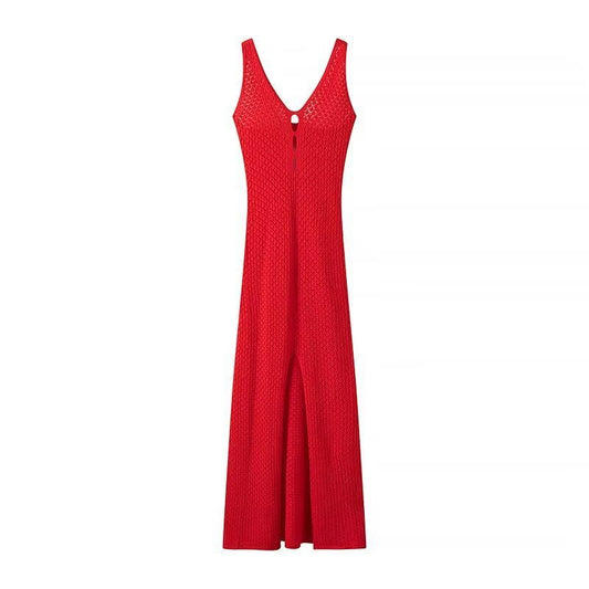 Red Women's halter neck V-neck knitted dress