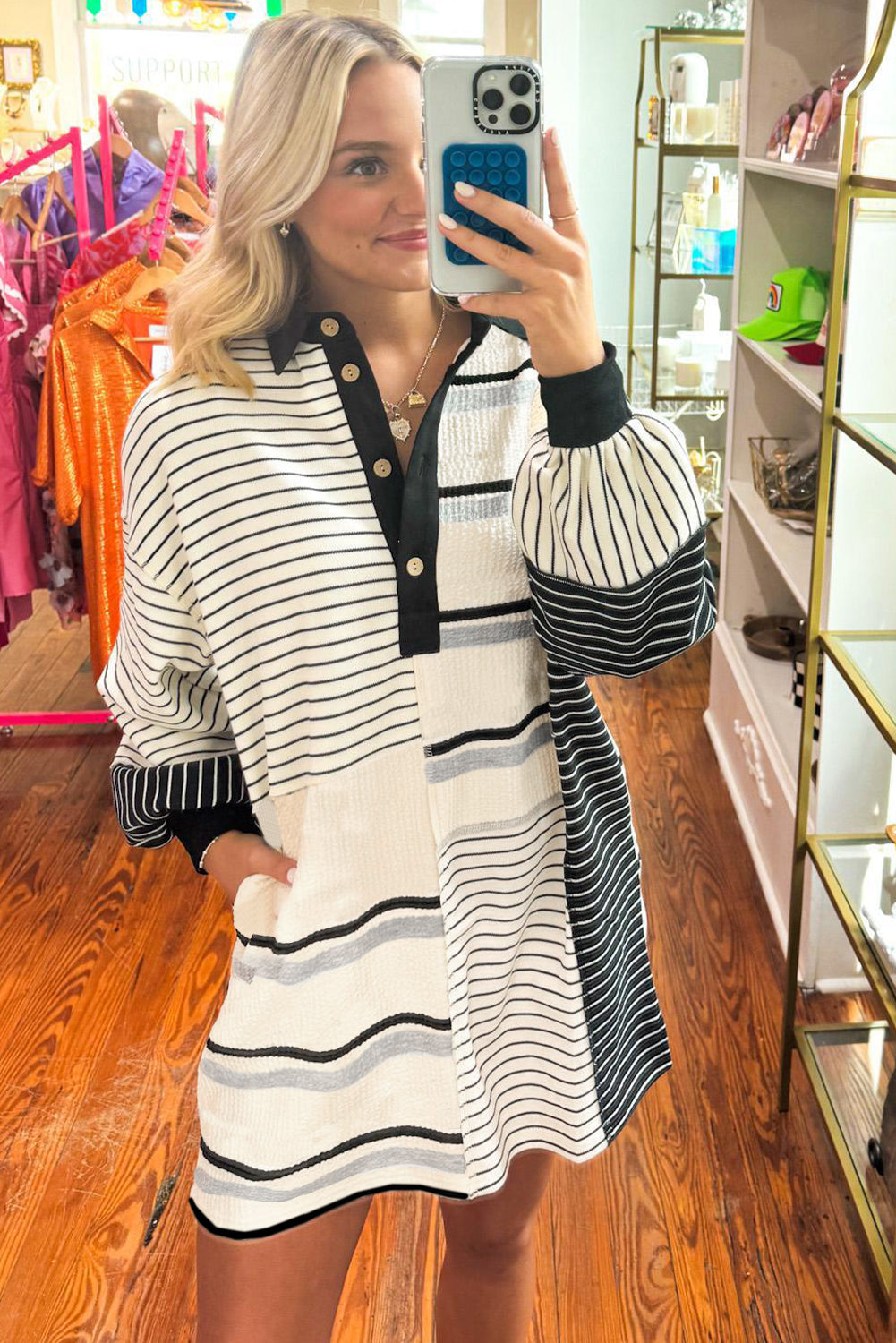 Black and White Striped Colorblock Knit Henley Mini Dress with Long Sleeves