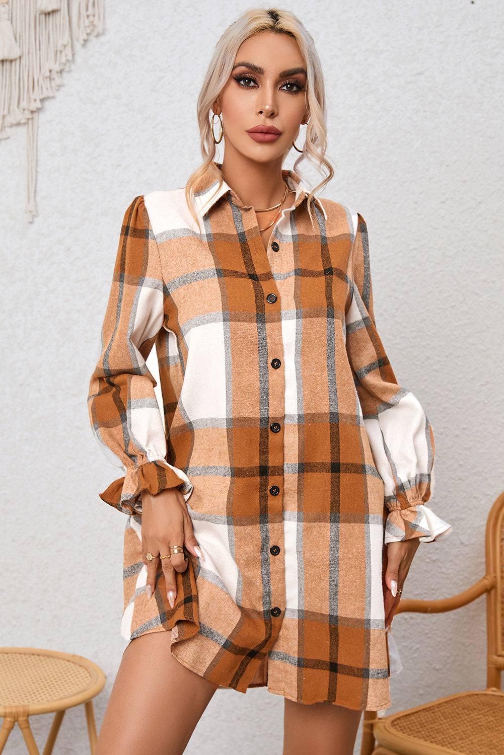 Khaki Checkered Collared Ruffle Sleeve Shirt Dress