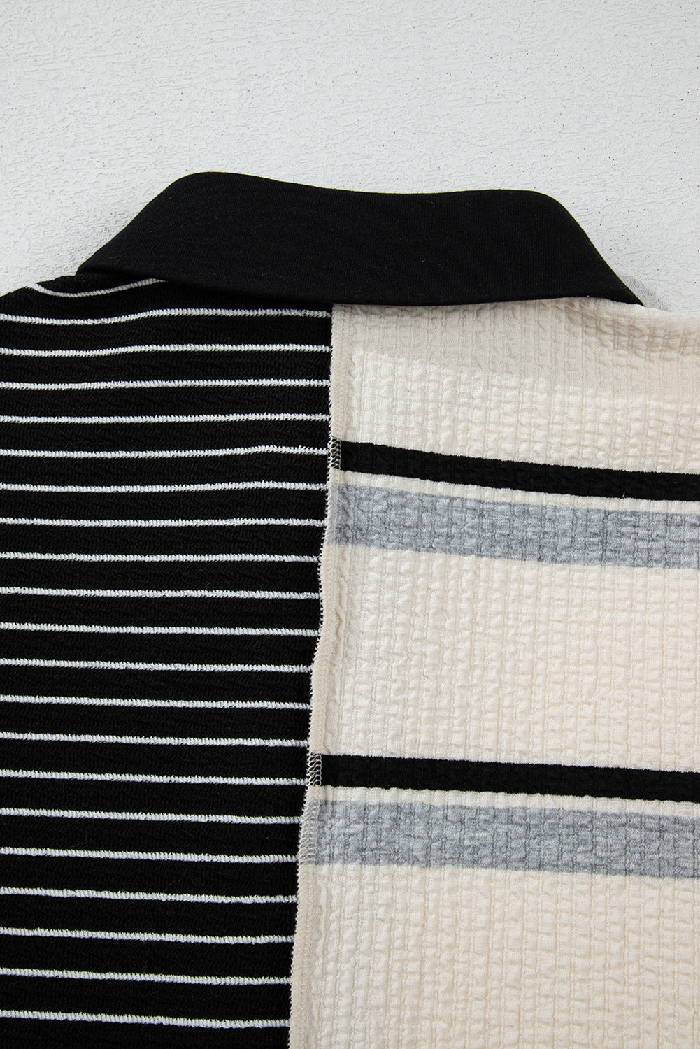 Black and White Striped Colorblock Knit Henley Mini Dress with Long Sleeves