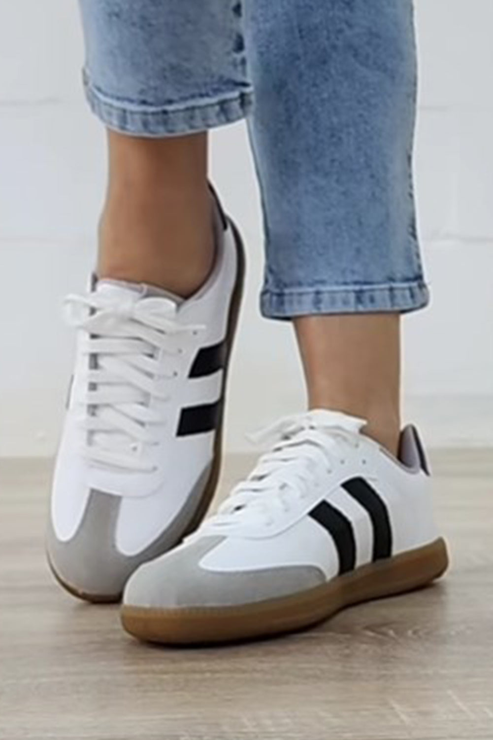 Lace-Up Striped Flat Sneakers in White