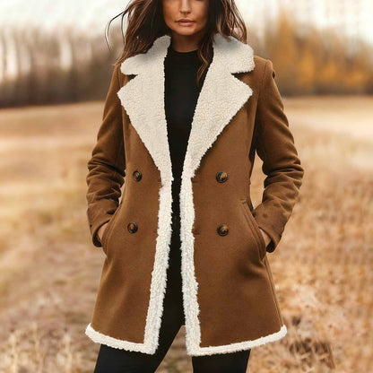 Brown Women’s Suede-Look Trench Coat – Classic Notch Lapel Double-Breasted Jacket with Pockets & Plush Lining