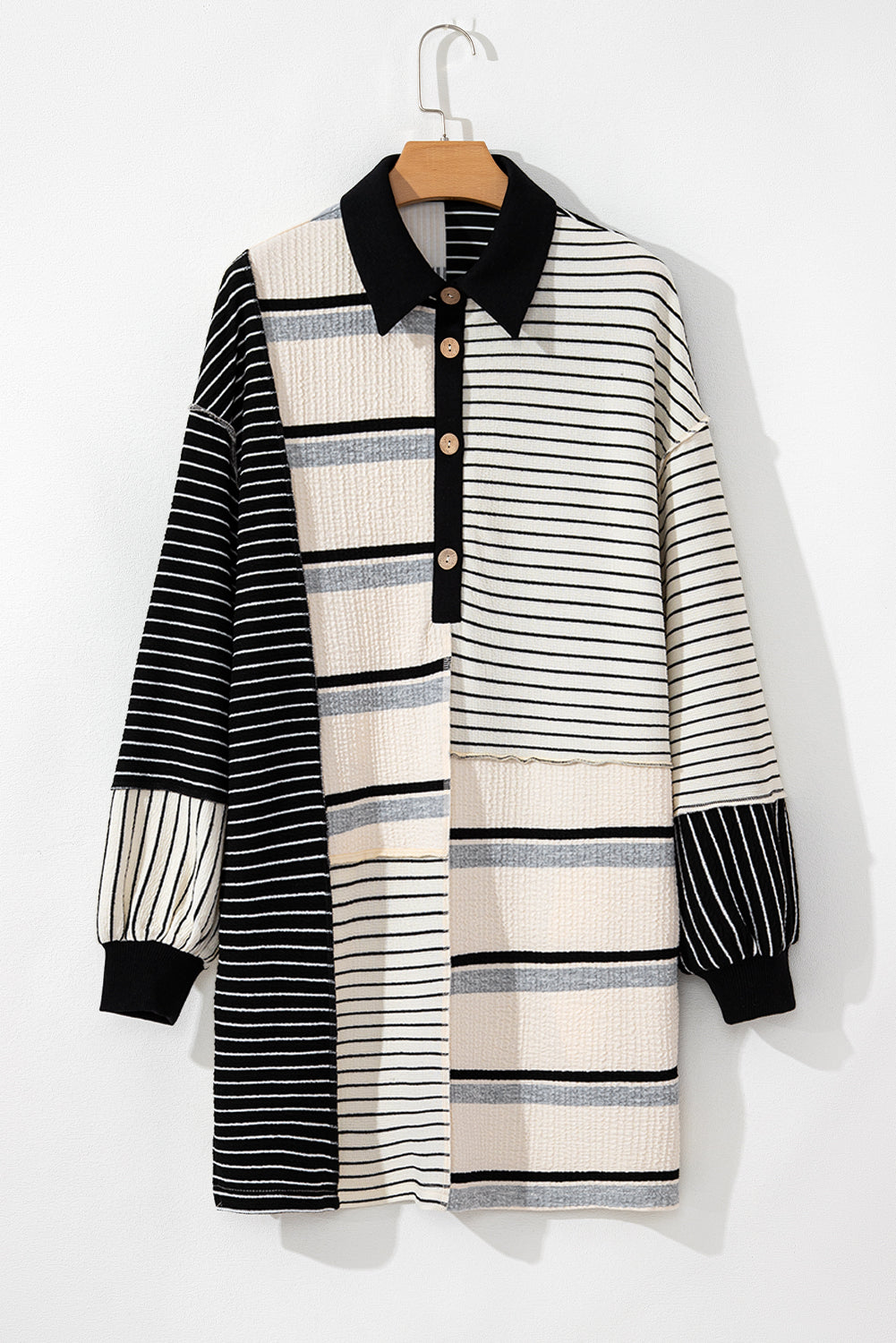 Black and White Striped Colorblock Knit Henley Mini Dress with Long Sleeves