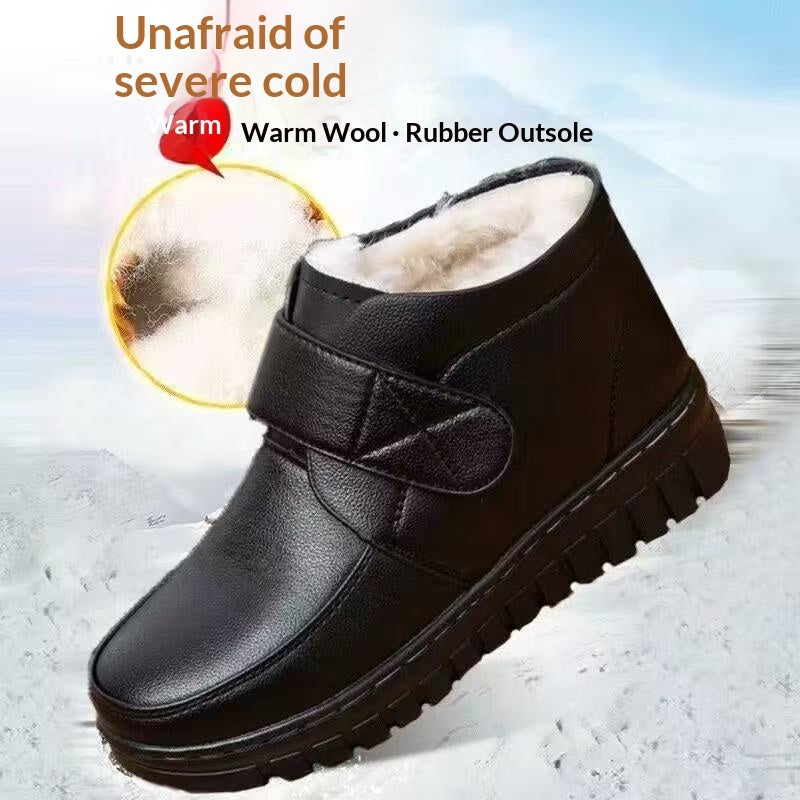 Velcro Fleece-Lined Warm Ankle Boots, Extra-Thick Winter Leather Boots with Flat Soles
