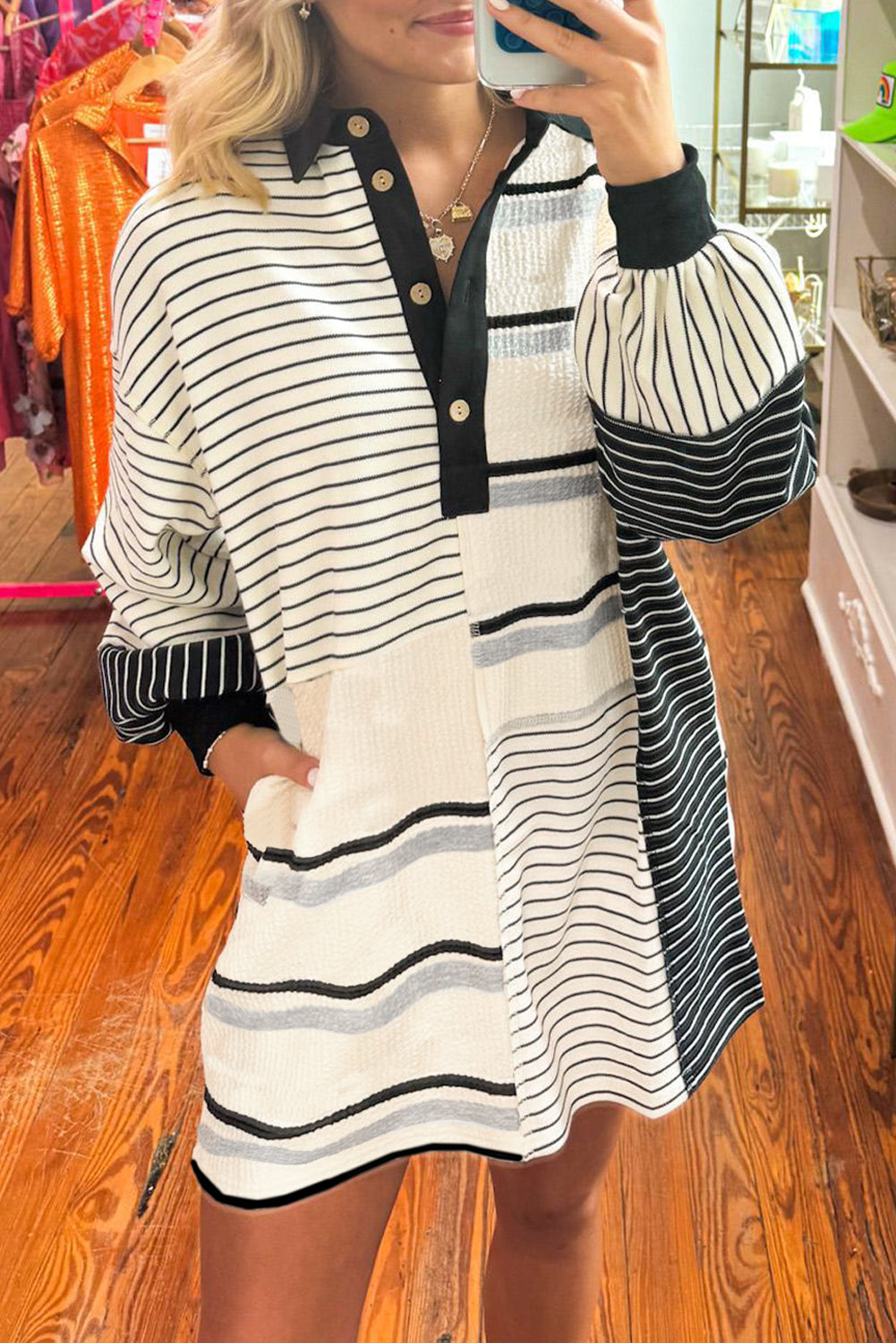 Black Stripe 70%Polyester+27%Viscose+3%Elastane Black and White Striped Colorblock Knit Henley Mini Dress with Long Sleeves