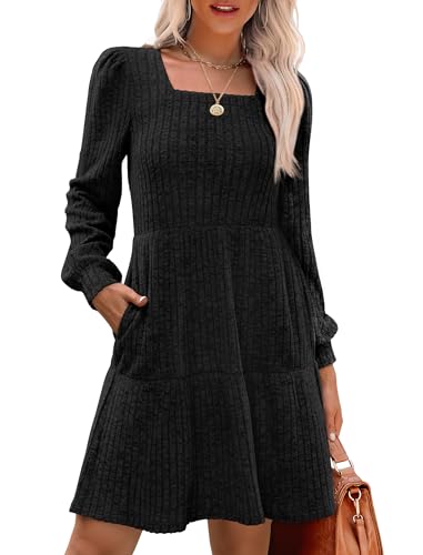 SAMPEEL Womens Square Neck Long Sleeve Fall Dresses Casual Babydoll Sweater Dress