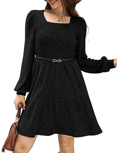 SAMPEEL Womens Square Neck Long Sleeve Fall Dresses Casual Babydoll Sweater Dress