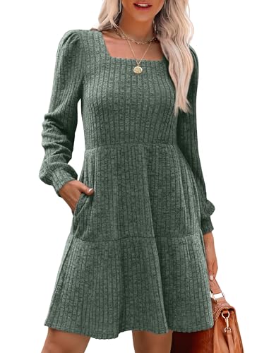 SAMPEEL Womens Square Neck Long Sleeve Fall Dresses Casual Babydoll Sweater Dress