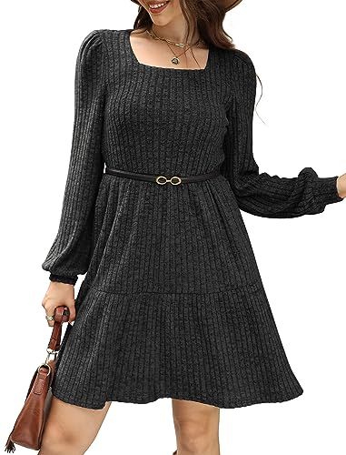 SAMPEEL Womens Square Neck Long Sleeve Fall Dresses Casual Babydoll Sweater Dress