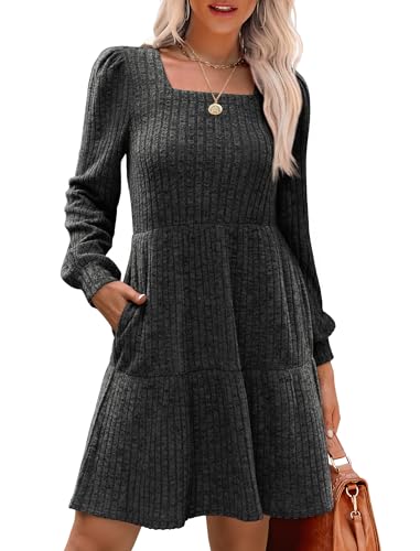 SAMPEEL Womens Square Neck Long Sleeve Fall Dresses Casual Babydoll Sweater Dress