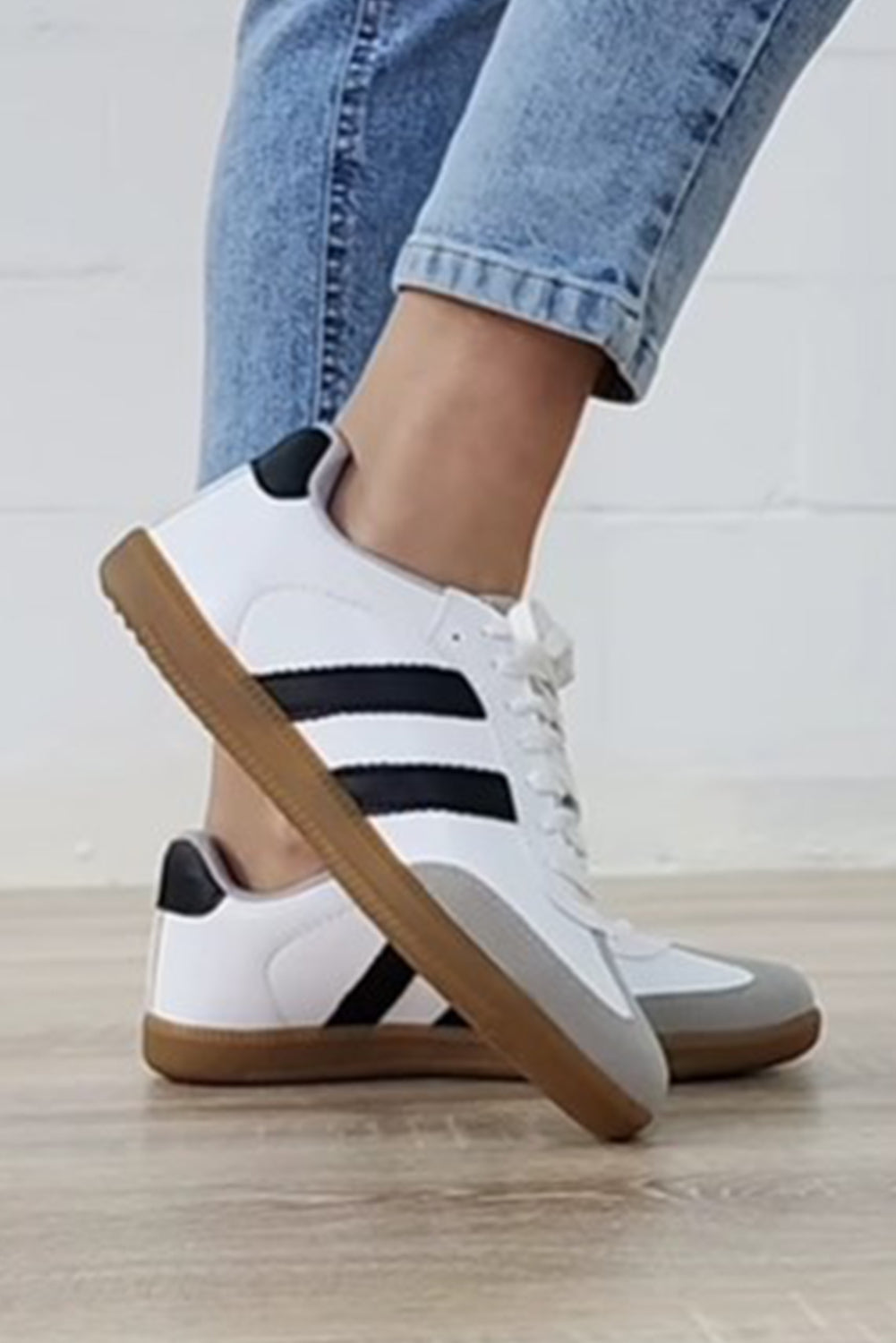 Lace-Up Striped Flat Sneakers in White