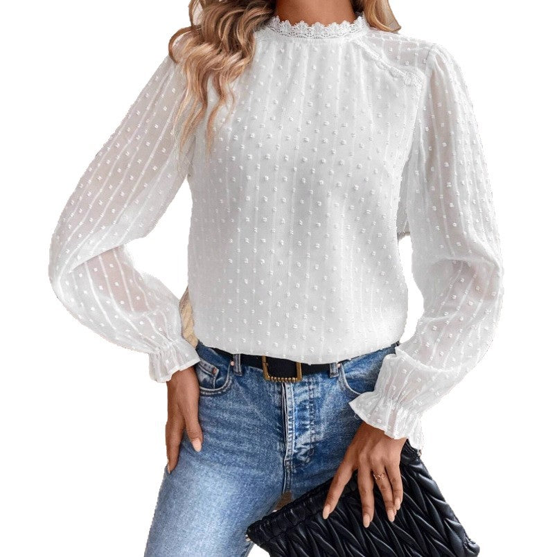 Women’s Solid-Color Elegant Lace-Trimmed Crew-Neck Long-Sleeve Shirt – Stylish Work & Casual Top