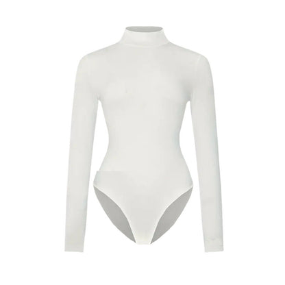 White Women's Solid Long Sleeve Yoga Bodysuit – Form-Fitting Activewear