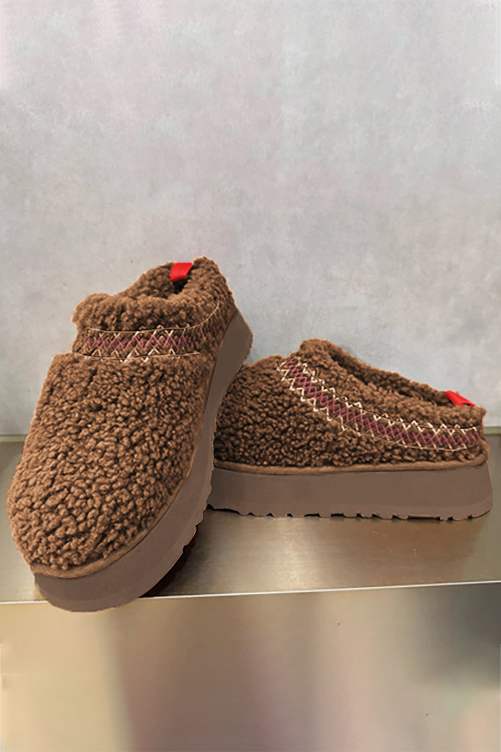 Embroidered Chestnut Sherpa Plush Winter Snow Boots with Thick Sole