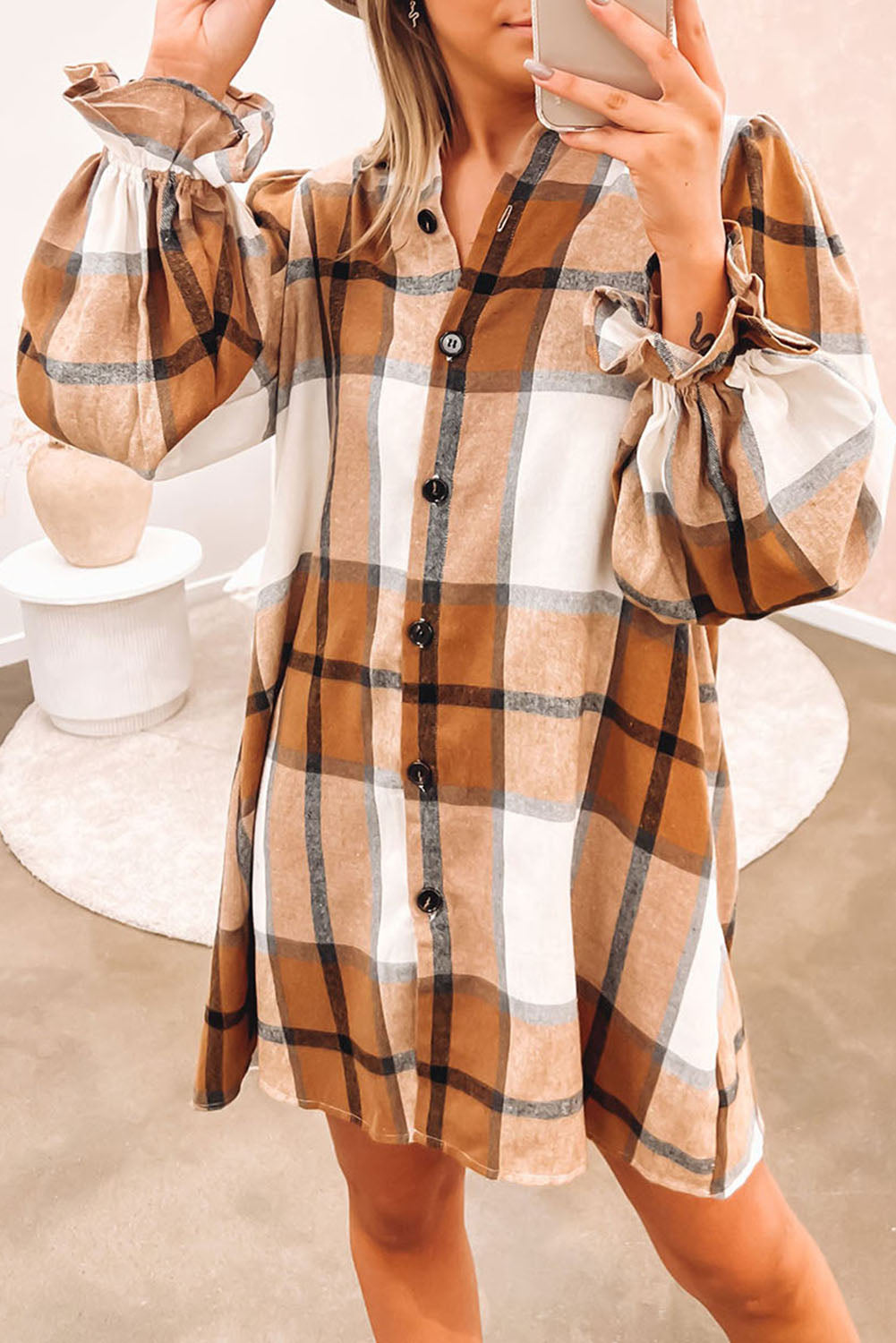 Khaki Checkered Collared Ruffle Sleeve Shirt Dress