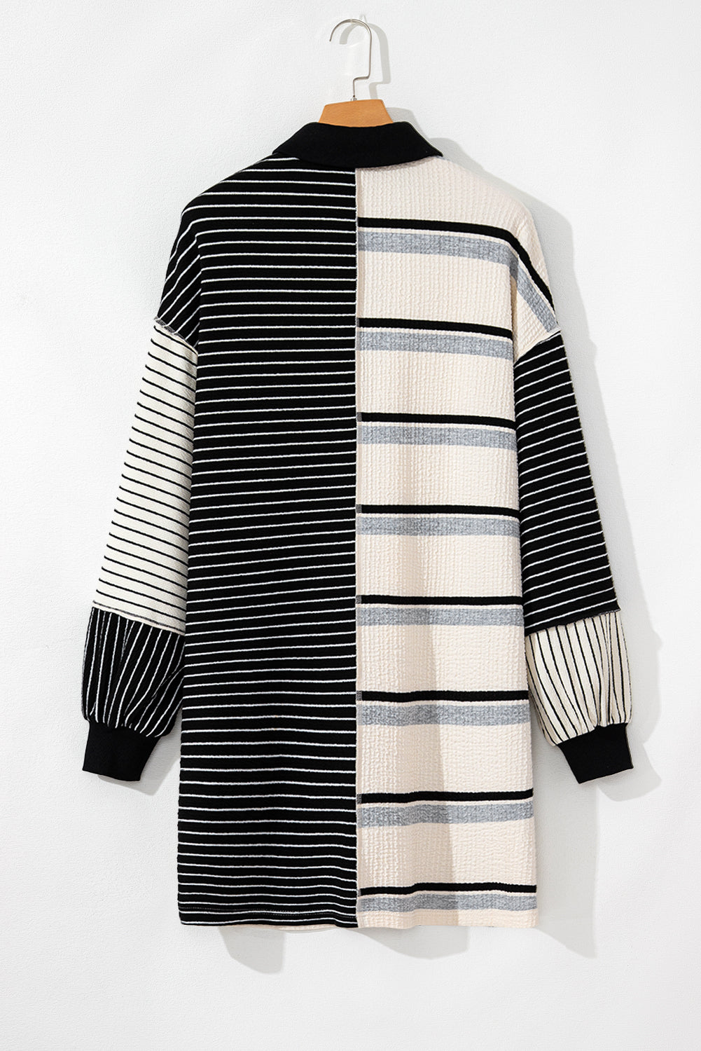 Black and White Striped Colorblock Knit Henley Mini Dress with Long Sleeves