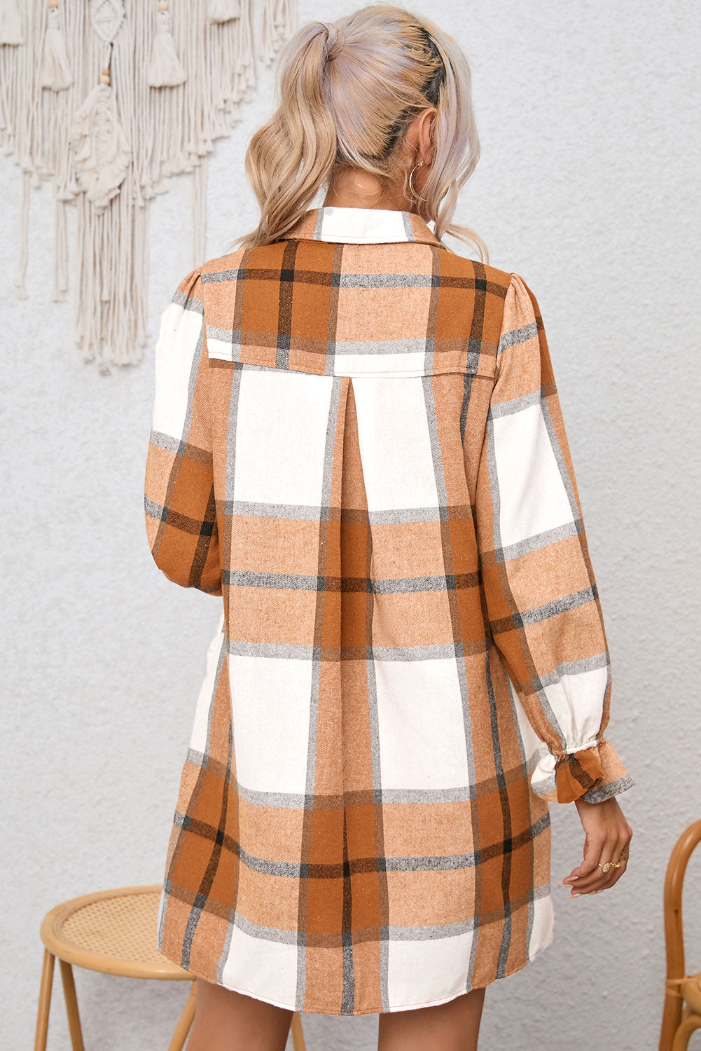 Khaki Checkered Collared Ruffle Sleeve Shirt Dress