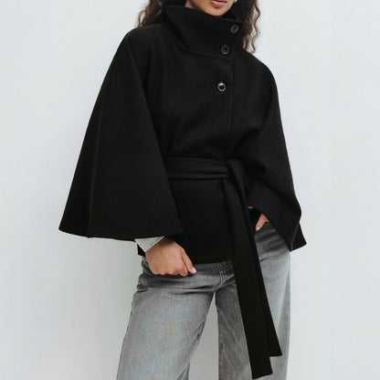 Black Women’s Stand-Collar Solid Color Trench Coat