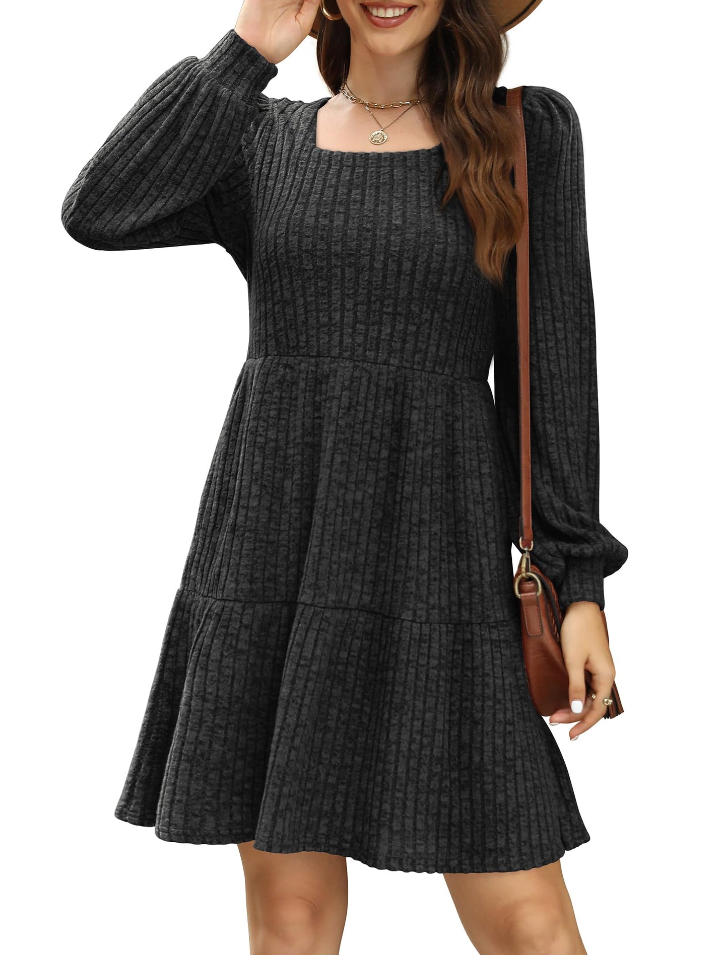 SAMPEEL Womens Square Neck Long Sleeve Fall Dresses Casual Babydoll Sweater Dress