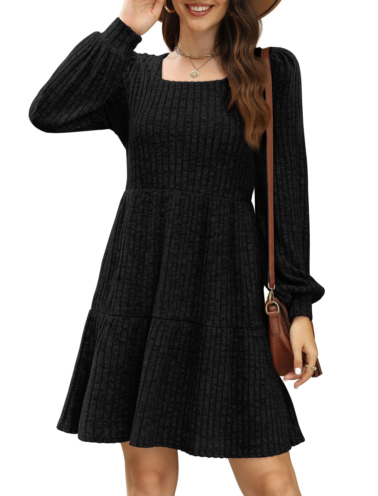 SAMPEEL Womens Square Neck Long Sleeve Fall Dresses Casual Babydoll Sweater Dress