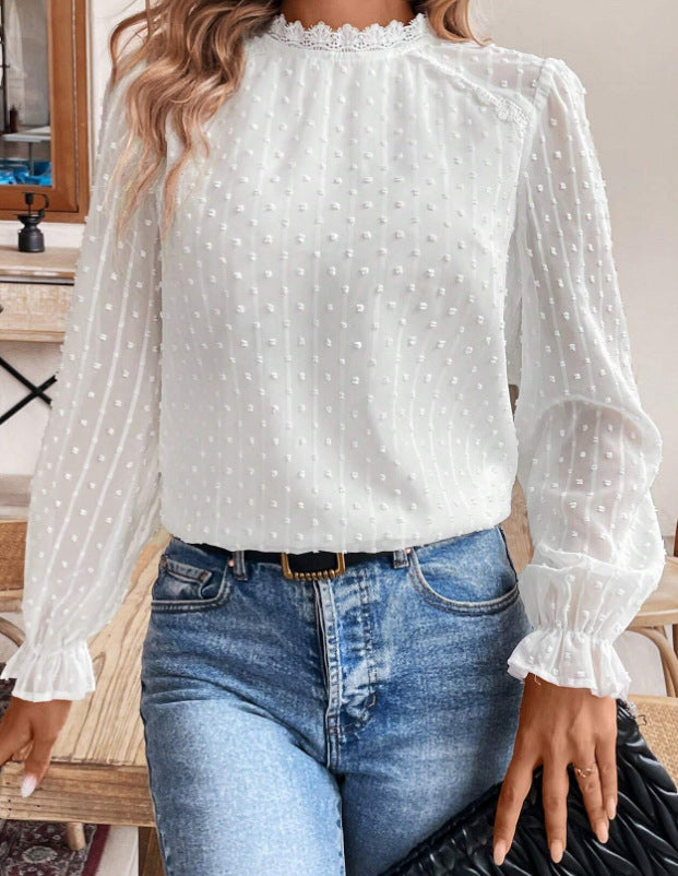 White Women’s Solid-Color Elegant Lace-Trimmed Crew-Neck Long-Sleeve Shirt – Stylish Work & Casual Top