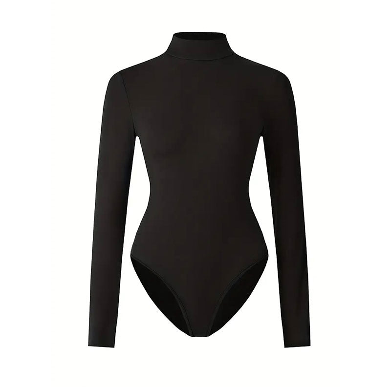 Black Women's Solid Long Sleeve Yoga Bodysuit – Form-Fitting Activewear