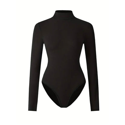 Black Women's Solid Long Sleeve Yoga Bodysuit – Form-Fitting Activewear