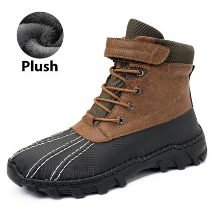 Khaki with Velvet Men's Winter Fleece Snow Boots – Waterproof, Anti-Slip, Lace-Up Mid-Calf Work & Outdoor Shoes