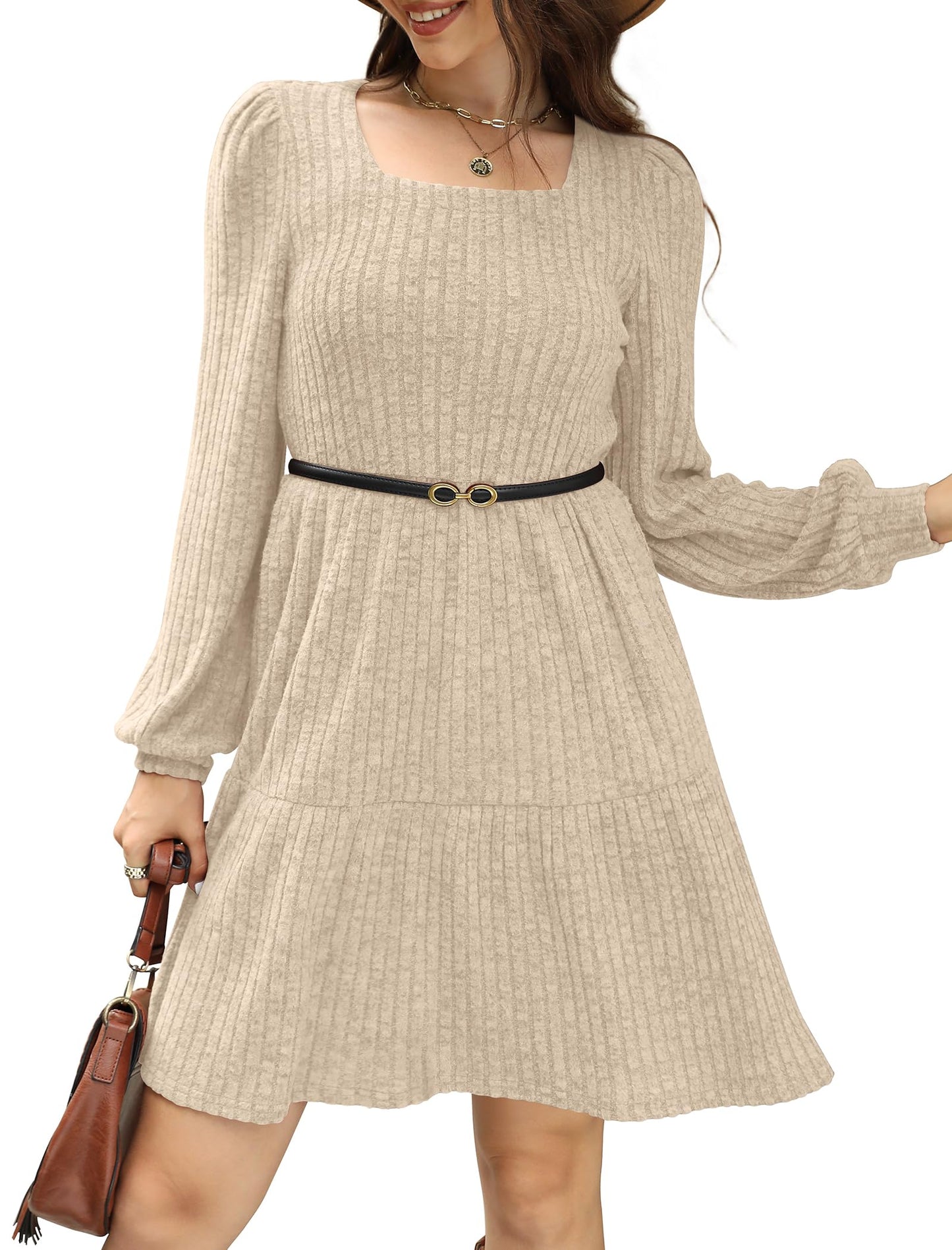 SAMPEEL Womens Square Neck Long Sleeve Fall Dresses Casual Babydoll Sweater Dress