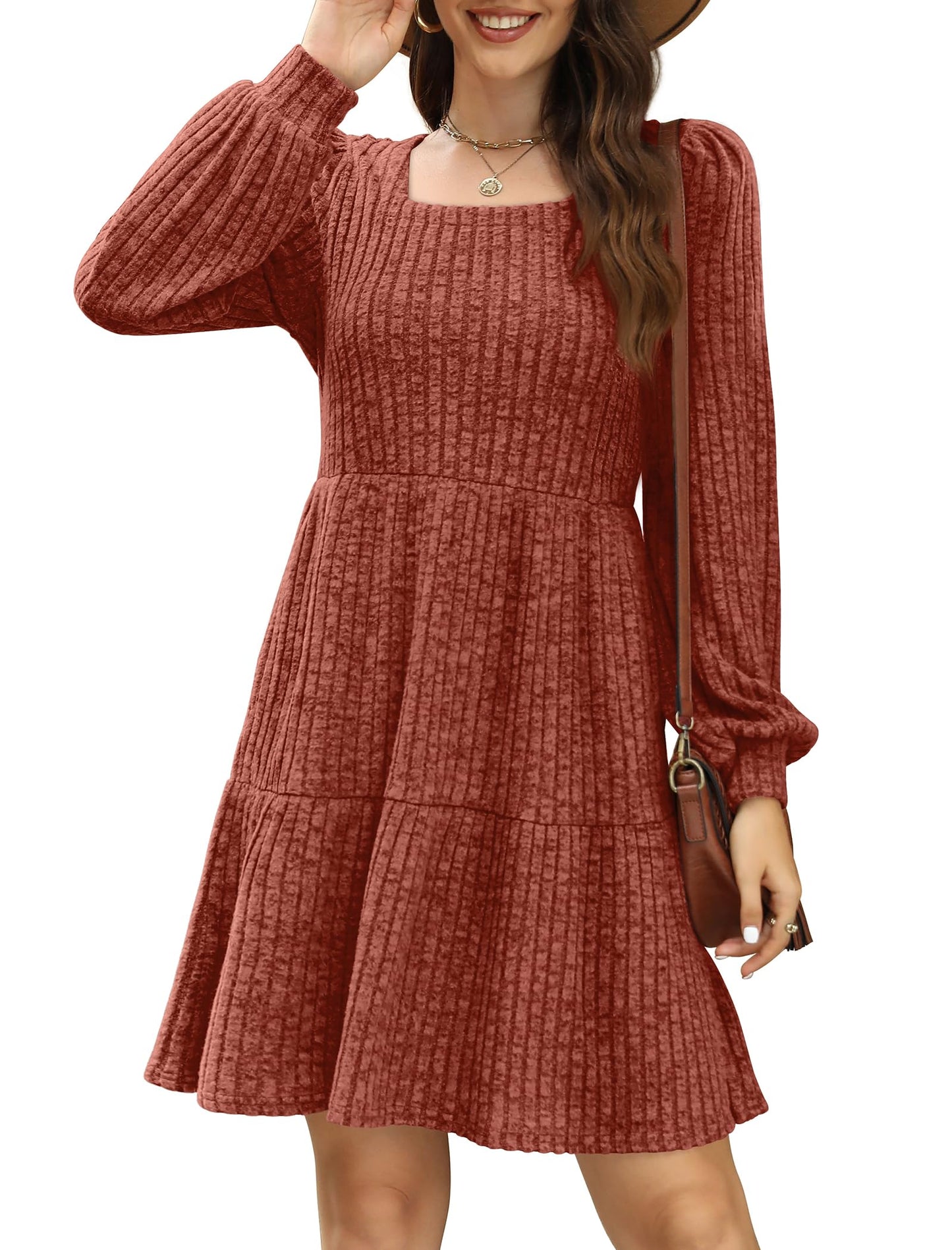 SAMPEEL Womens Square Neck Long Sleeve Fall Dresses Casual Babydoll Sweater Dress