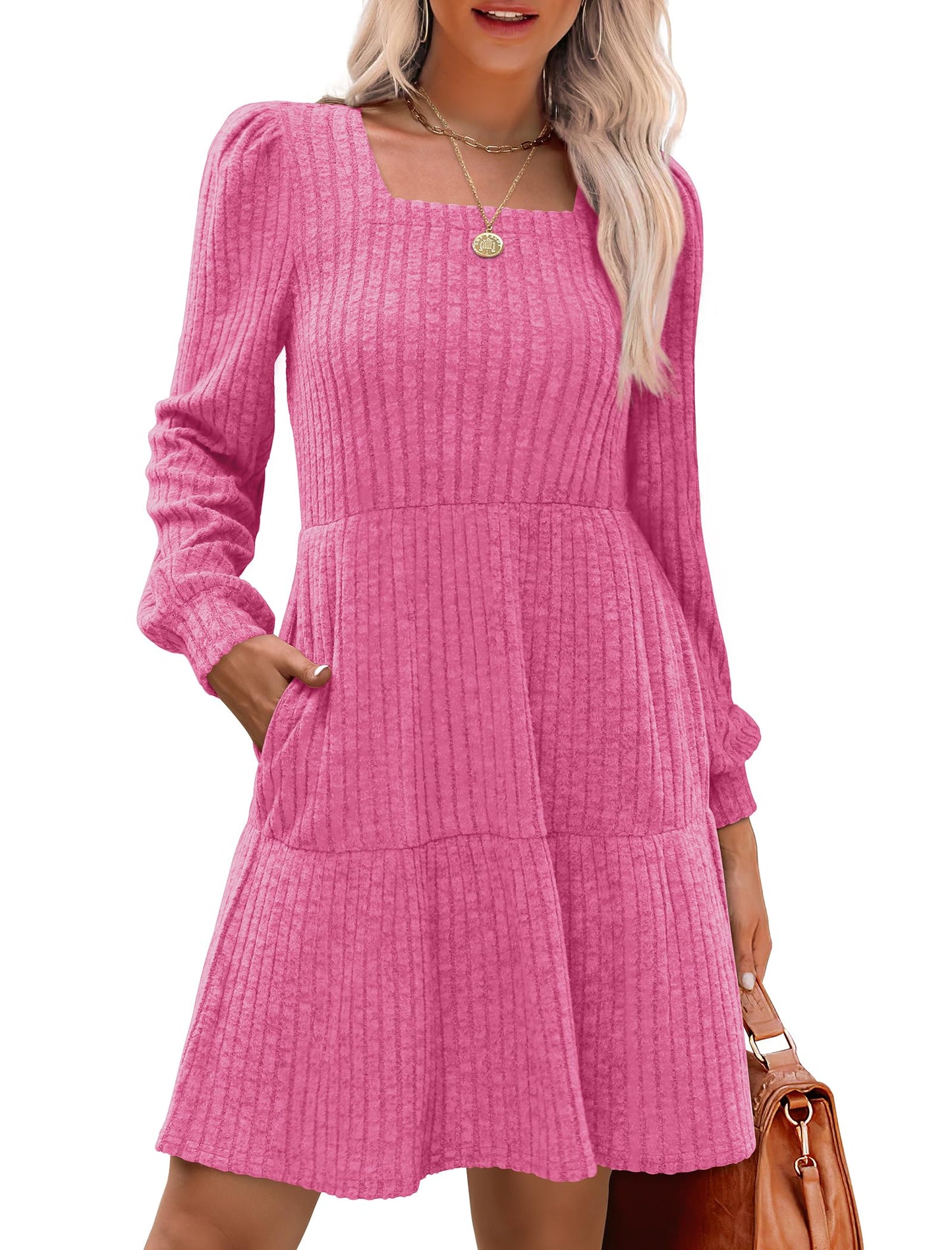 SAMPEEL Womens Square Neck Long Sleeve Fall Dresses Casual Babydoll Sweater Dress