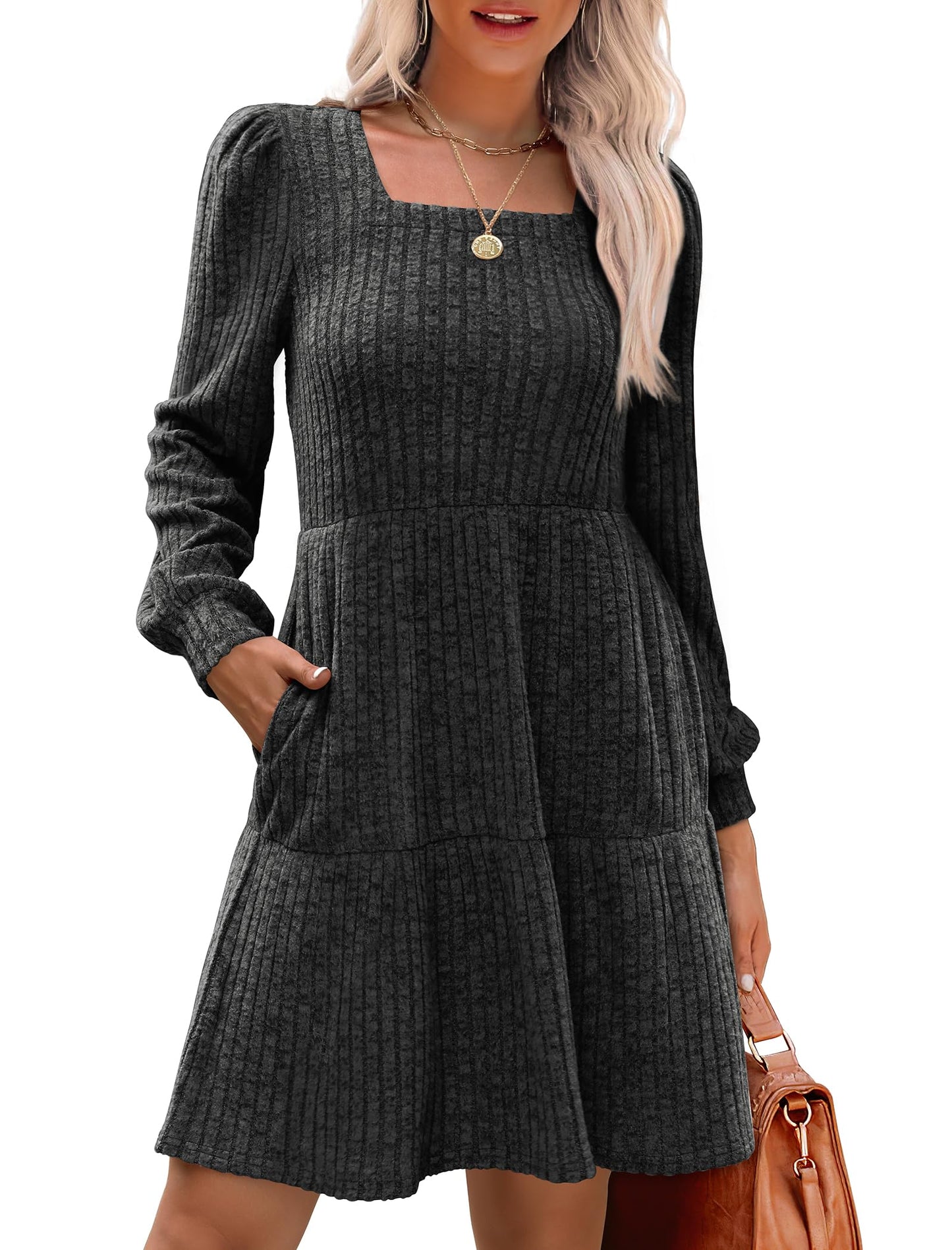 SAMPEEL Womens Square Neck Long Sleeve Fall Dresses Casual Babydoll Sweater Dress