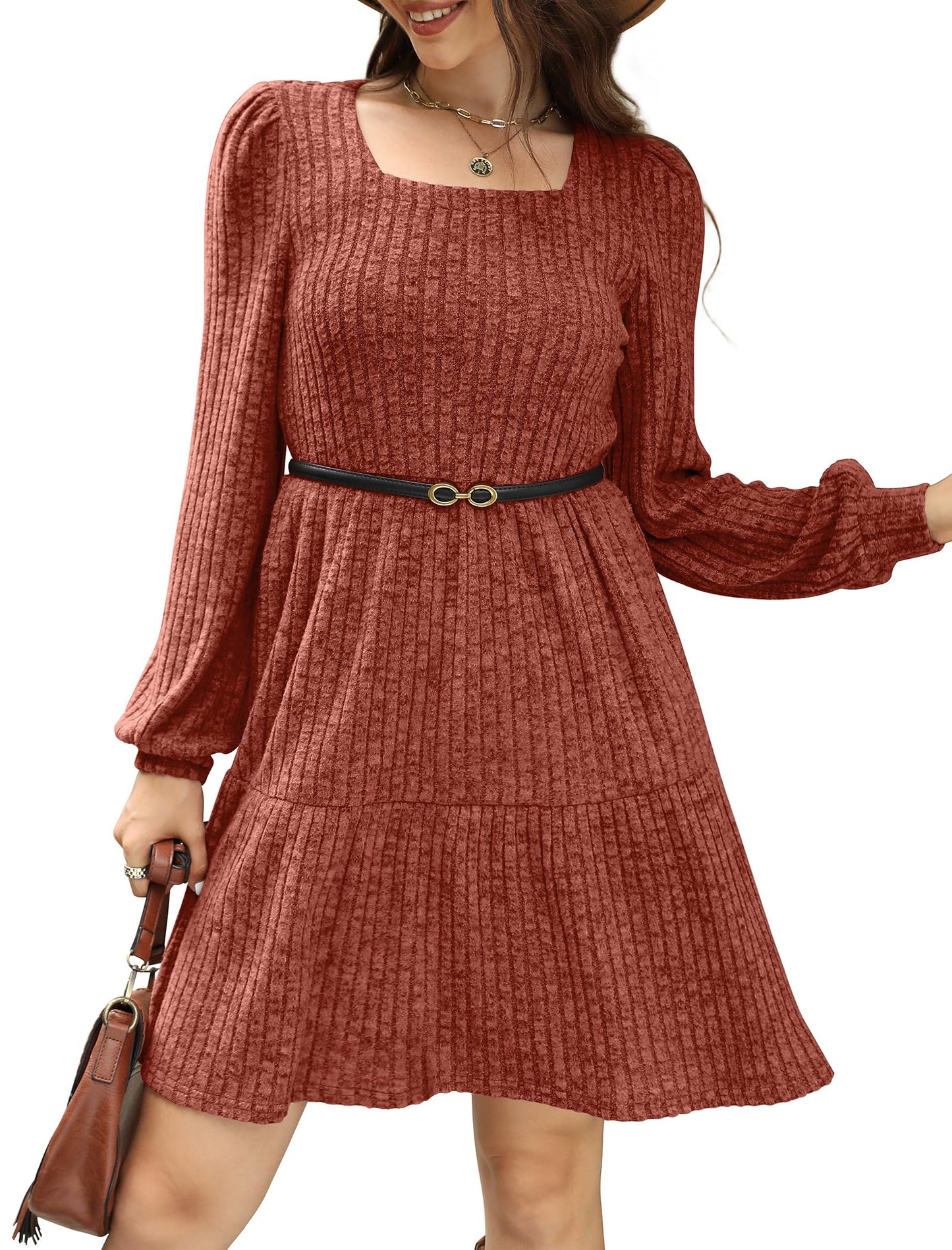 SAMPEEL Womens Square Neck Long Sleeve Fall Dresses Casual Babydoll Sweater Dress