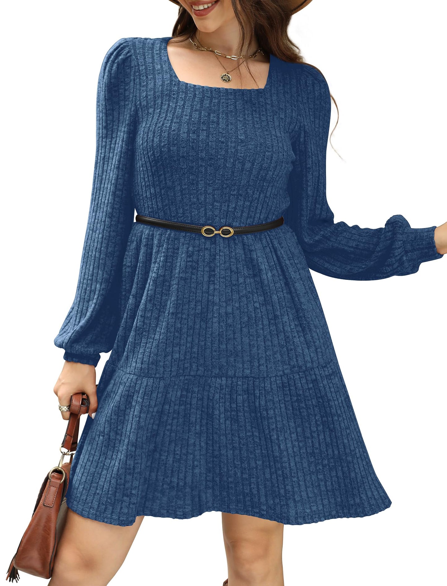 SAMPEEL Womens Square Neck Long Sleeve Fall Dresses Casual Babydoll Sweater Dress