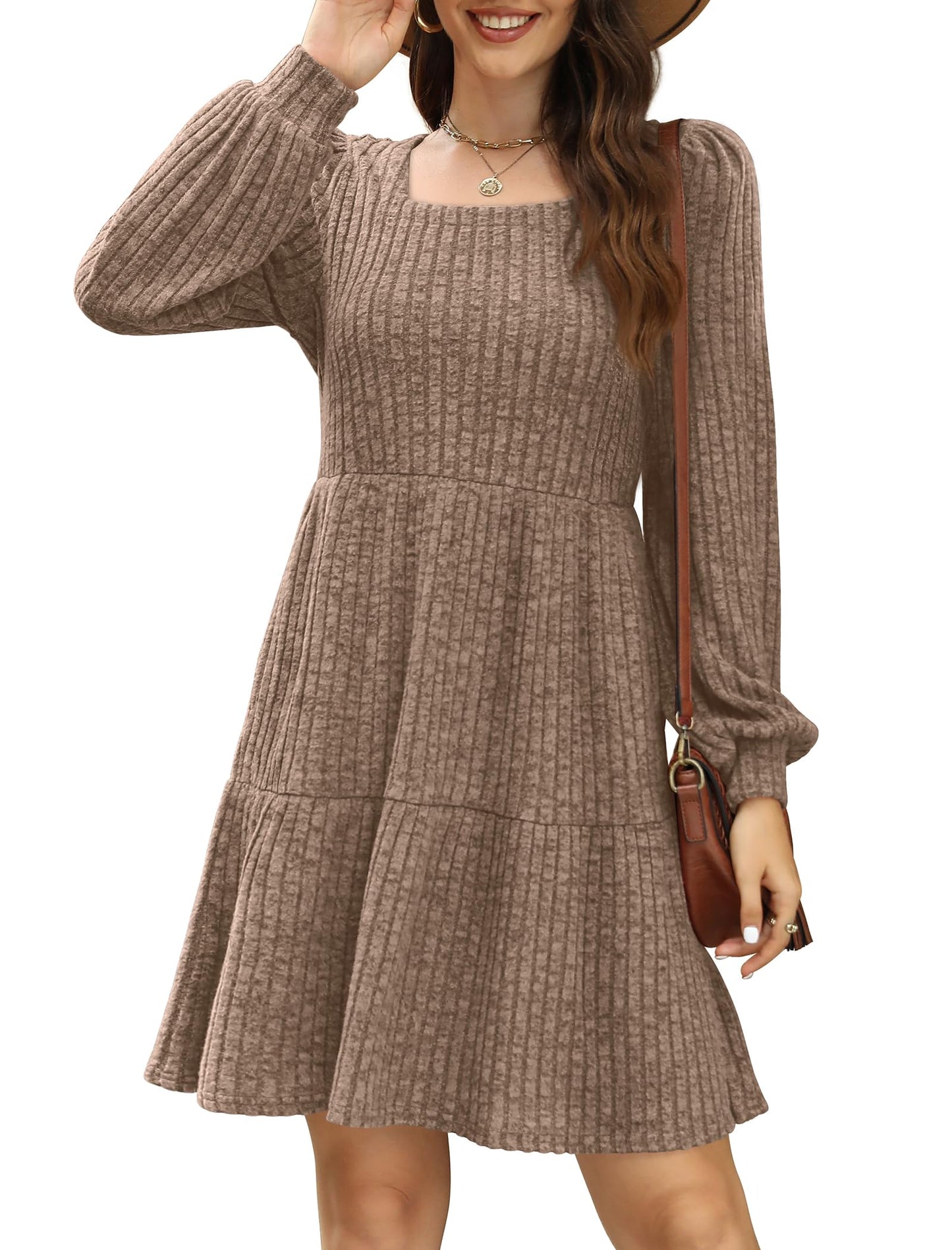 SAMPEEL Womens Square Neck Long Sleeve Fall Dresses Casual Babydoll Sweater Dress