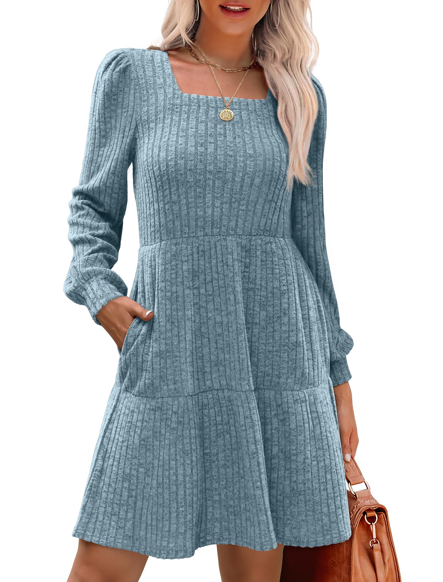 SAMPEEL Womens Square Neck Long Sleeve Fall Dresses Casual Babydoll Sweater Dress