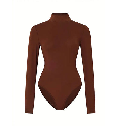 Brown Women's Solid Long Sleeve Yoga Bodysuit – Form-Fitting Activewear