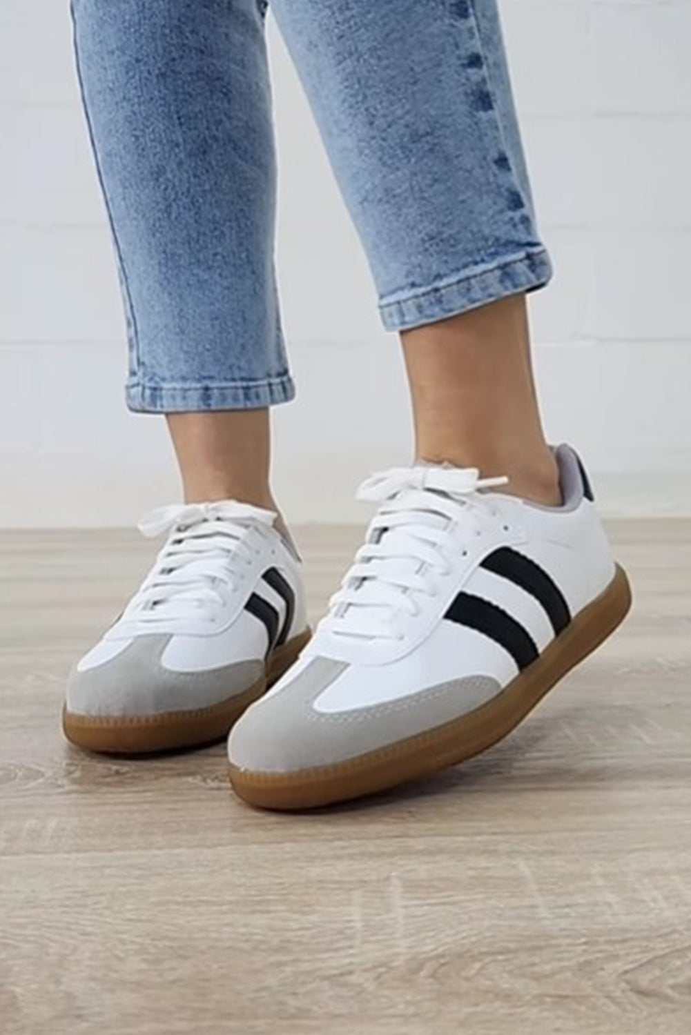 Lace-Up Striped Flat Sneakers in White