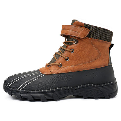 Brown single shoes Men's Winter Fleece Snow Boots – Waterproof, Anti-Slip, Lace-Up Mid-Calf Work & Outdoor Shoes