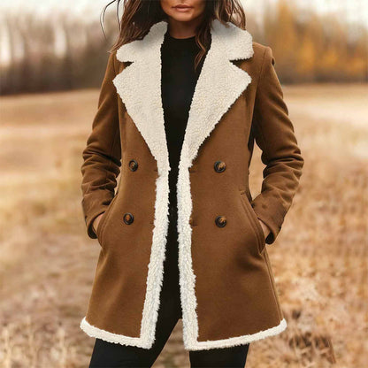 Women’s Suede-Look Trench Coat – Classic Notch Lapel Double-Breasted Jacket with Pockets & Plush Lining