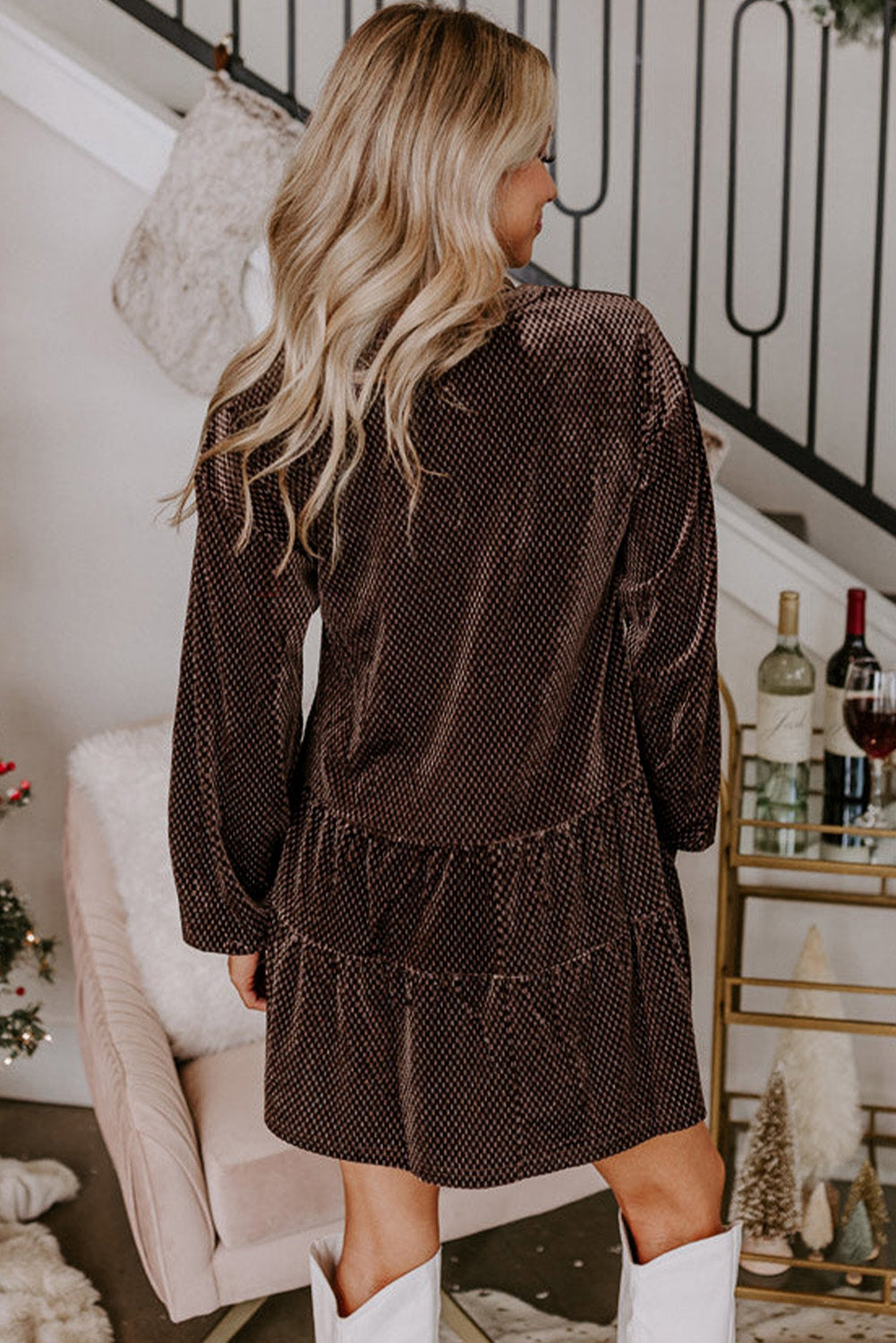 Elegant Dark Brown Textured Velvet V-Neck Shift Dress