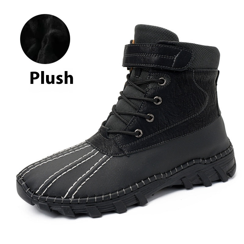 Black velvet Men's Winter Fleece Snow Boots – Waterproof, Anti-Slip, Lace-Up Mid-Calf Work & Outdoor Shoes