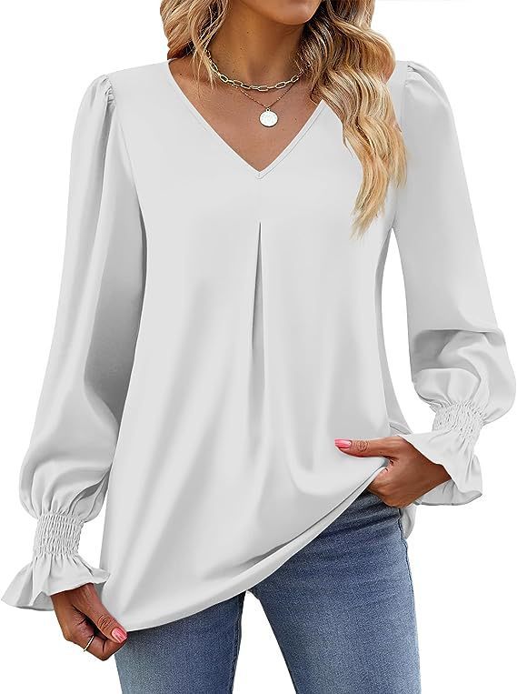 White New solid color chiffon shirt V-neck pullover flared long-sleeved top shirt