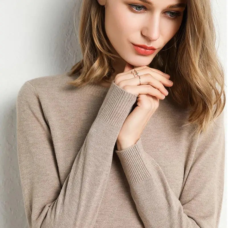 Women Merino Wool Sweater O-Neck Pullover Spring Autumn Long Sleeve Knitwear Slim Solid Color Fashion Bottoming Clothing Tops