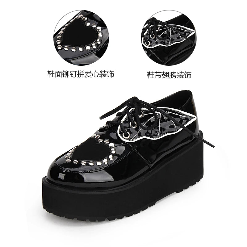 Sweet Retro Lolita Thick Bottom Shoes Sponge Cake Stud Goth Wings College Girls Jk Uniform Lolita Shoes Punk Jk Fashion Love Sho